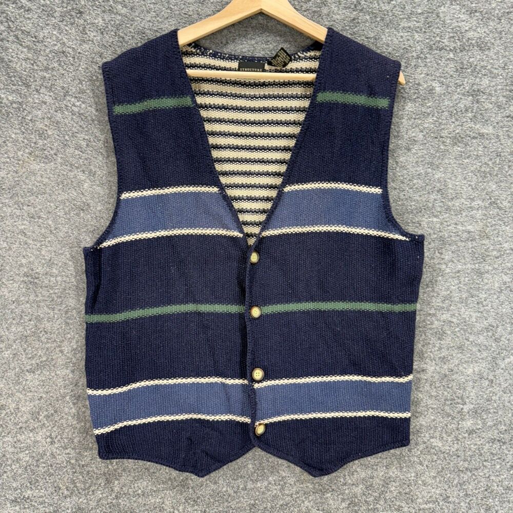 Structure Suit Vest Wome L Large Blue Striped Button Up V-Neck Sleeveless Cotton